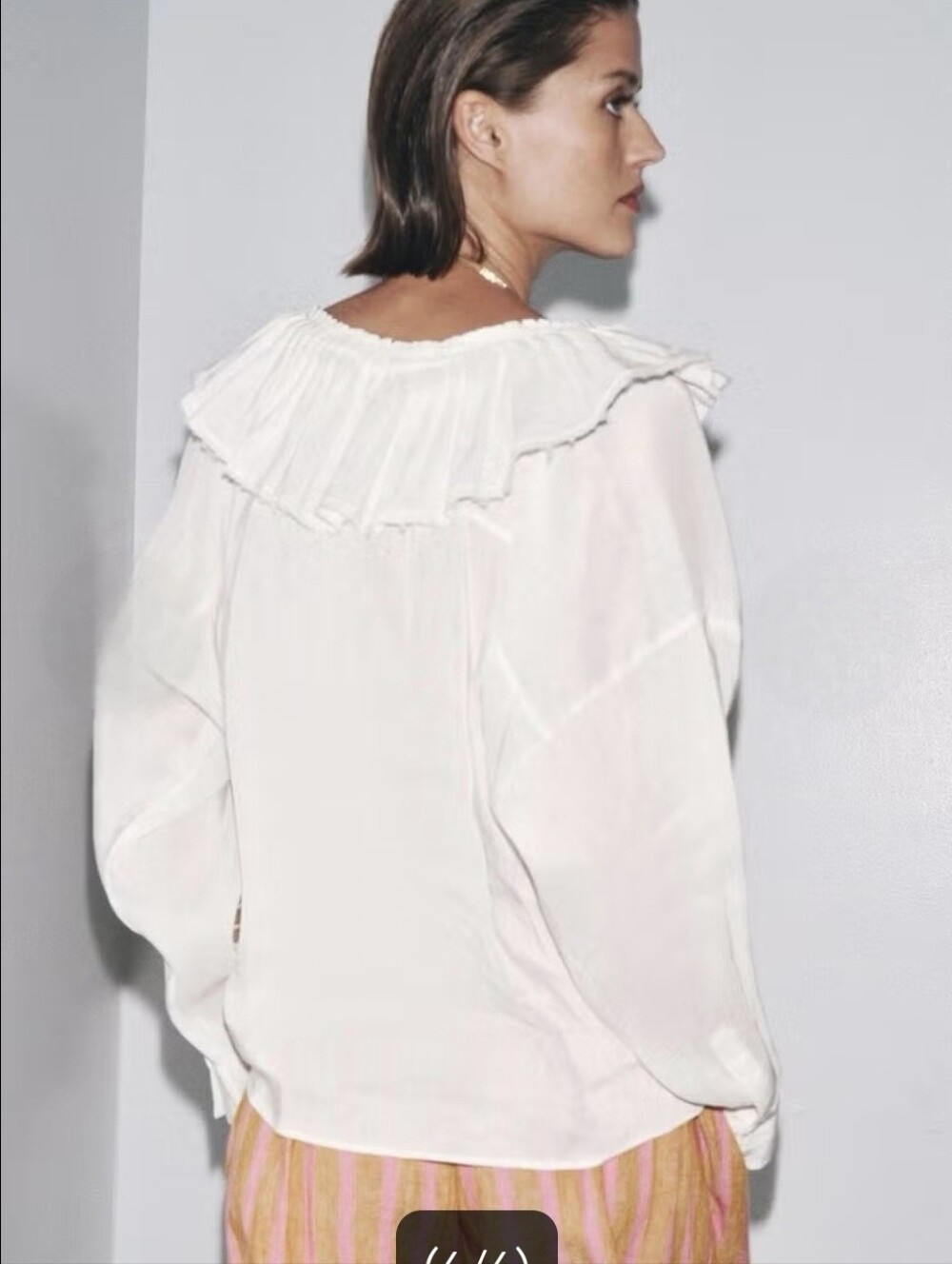 Zara M Silk Linen Blend White  Top with Ruffle Collar